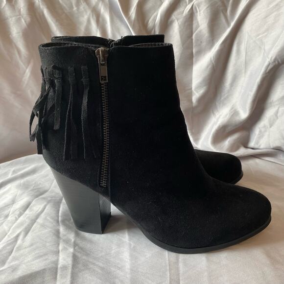 Just Fab Black Suede Fringe Ankle Boots SZ 10 Heeled Booties Cowgirl Western - Picture 4 of 9